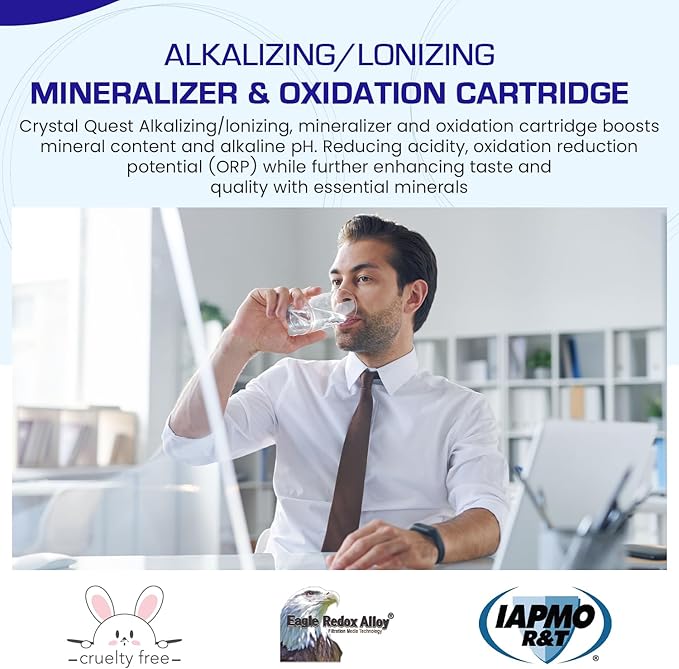 Crystal Quest Alkalizer, Ionizer, Mineralizer & Oxidation Cartridge – Boosts pH & Alkalinity, Reduces Acidity & ORP, Enhances Taste with Essential Minerals, Long-Lasting Performance 4-5/8” x 9-3/4”
