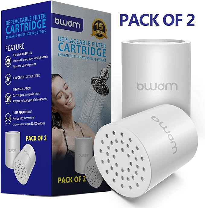 Shower Filter & Replacement 15 Stage Cartridge-2pcs with Vitamin C for Hard Water High Output Shower Water Filter to Remove Chlorine Fluoride Heavy Metals and Other Sediments