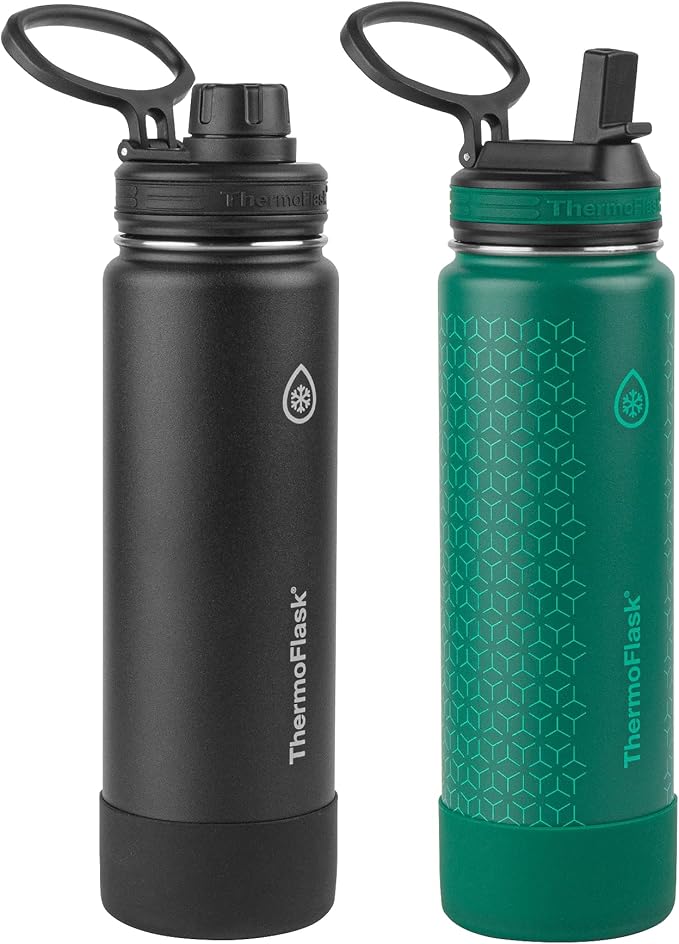 ThermoFlask Stainless Steel Water Bottles 2-Pack - Double-Wall Vacuum Insulated 24 oz BPA-Free Spout Lids - Keeps Drinks Cold 24 Hrs, Hot 12 Hrs - Leakproof, Dishwasher Safe, Black/Malachite