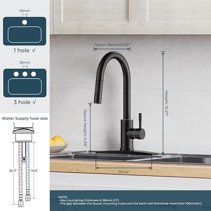 RIOUS Oil Rubbed Bronze Kitchen Faucet with Pull Down Sprayer, High Arc Modern Classic Sink Faucet Stainless Steel with Deck Plate Fit for 1 or 3 Hole for Pot Filler Bar Farmhouse Laundry Rv, ORB