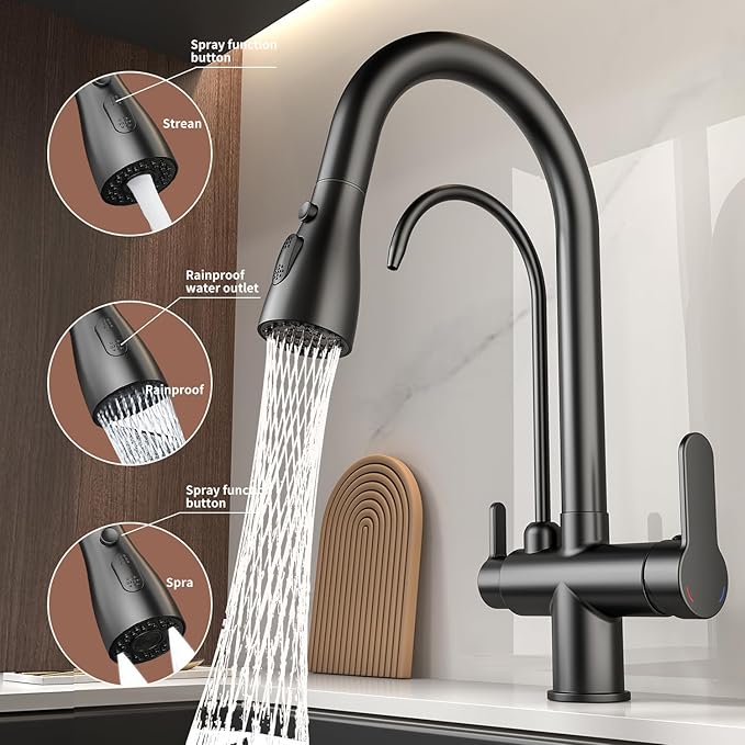Kitchen Sink Faucet with Pull - Down Sprayer, 2 - Handle 3 - in - 1 Kitchen Sink Filter Faucet, Cold and Hot Mixer Drinking Water Faucet (Black-02)