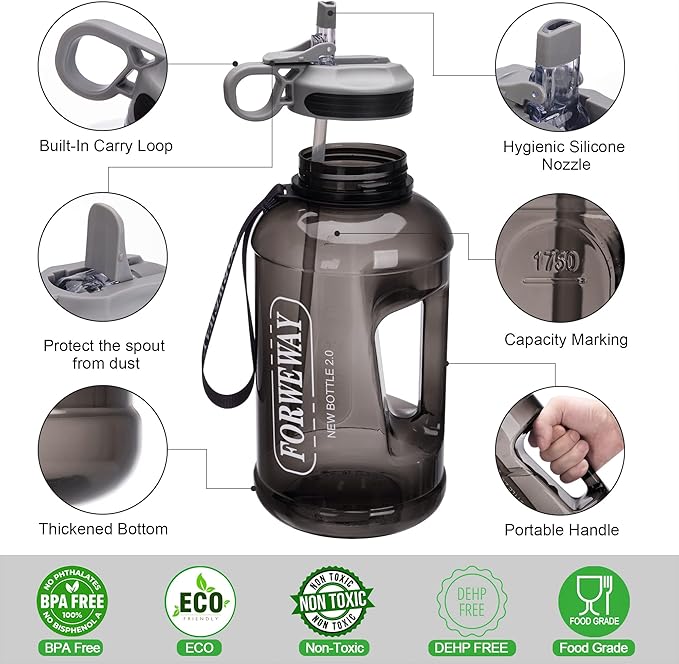 Half Gallon Water Bottle with Straw Leakproof Large Sports Water Bottle with Handle 2L/74oz BPA Free Water Jug for Camping Hiking (2.2L, Black)