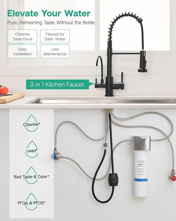 GIMILI 3 in 1 Kitchen Faucet with Pull Down Sprayer Matte Black Two Handle Kitchen Sink Faucet with Under Sink Water Filter System Reduces PFAS, PFOA/PFOS, Lead, Chlorine, Bad Taste & Odor