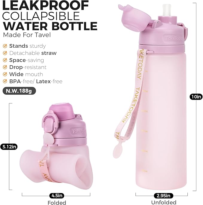 TakeToday Collapsible Water Bottles 20oz (600mL), Foldable Platinum Silicone Travel Water Bottle with Straw & Carry Strap, Leak-Resistant Screw Lid, Wide Mouth, BPA-Free for Hiking, Camping, Travel