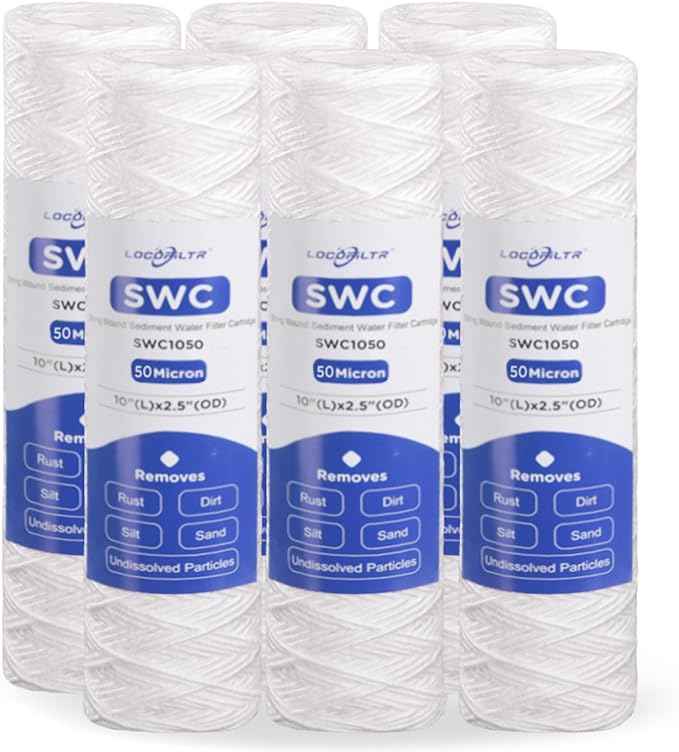 Whole House 50 Micron 10" x 2.5" String Wound Sediment Well Water Filter Cartridge Replacement for CW-50, 155214-52, W50W, SWC-25-1050, SP-CW50, WPP-F10-50, SF50-978, FXWSC, AO-WH-PRE-R2 (Pack of 6)