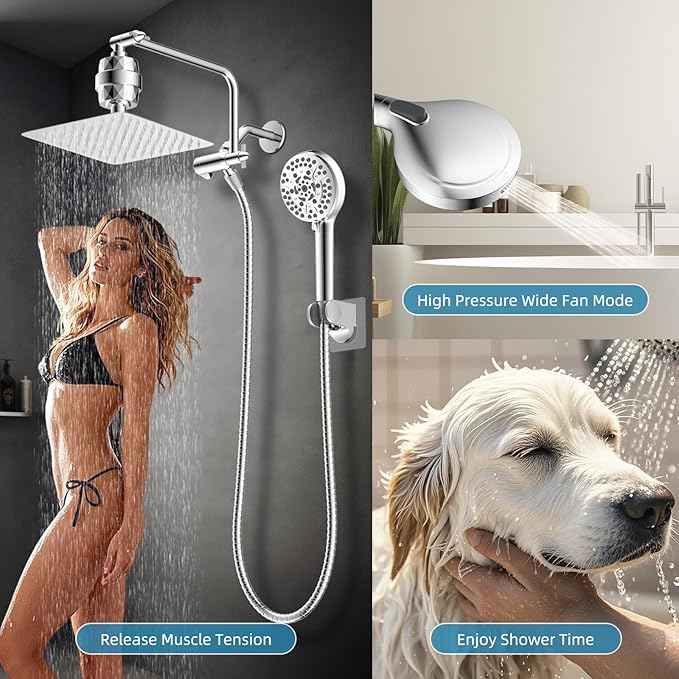 Filtered Shower Head, 10" High Pressure 10-Spray Handheld/Rainfall Shower Head Combo with 20 Stage Shower Filter, 11" Shower Extension Arm, 71" Hose, Shower Head Holder, Chrome