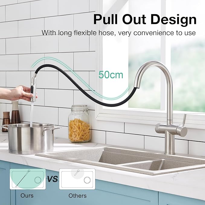 CREA 3 Way Kitchen Faucet with Filtered Water Outlet & Pull Down Sprayer, Stainless Steel Kitchen Faucets Use with Water Filter, Drinking Water Faucet for Kitchen Sink Reverse Osmosis (RO), Brushed