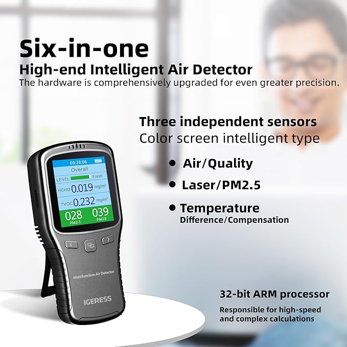 Air Quality Monitor Indoor, 5 in 1 Formaldehyde Detector, voc Meter, Detect Indoor HCHO,TVOC,AQI,PM2.5,PM10. Colorful LCD Screen & USB Charging