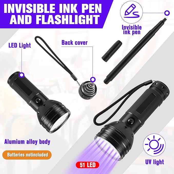 Tegeme 4 Invisible Ink Pen Set 2 Invisible Marker 2 Blacklight Flashlights with UV Black Light Markers Disappearing Ink Pen for Secret Notes Holiday Gifts Favors(51 LED)