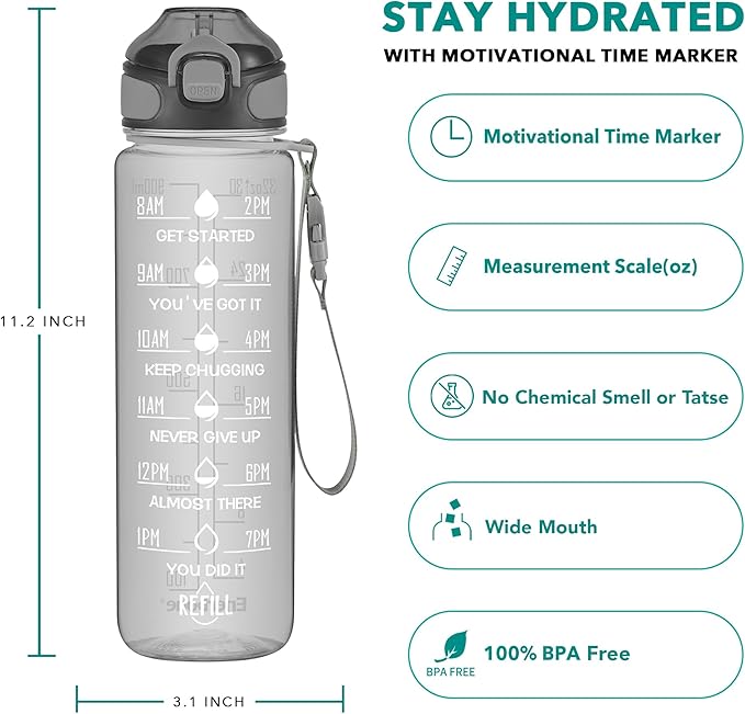 Enerbone 32 oz Water Bottle with Times to Drink and Straw, Motivational Drinking Water Bottles with Carrying Strap, Leakproof BPA & Toxic Free, Ensure You Drink Enough Water for Fitness Gym Outdoor