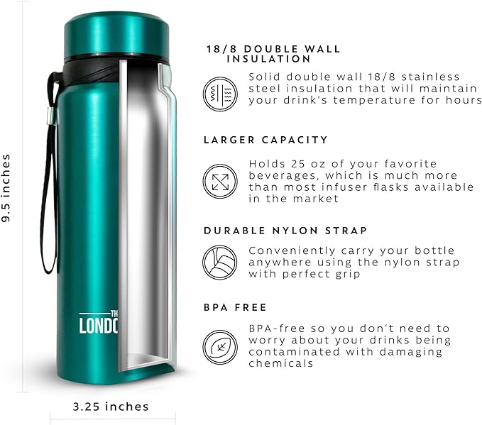 The London Sip 25 oz Multi-Function Travel Mug and Tumbler Tea Infuser Water Bottle Fruit Infused Flask Hot and Cold Double Wall Stainless Steel Coffee Thermos, Celestial Blue, Pack of 2