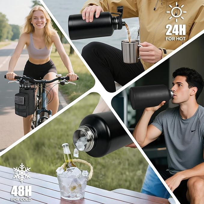 Half Gallon Water Bottle Insulated with Sleeve - Tactical 64 oz Stainless Steel Water Jug with MOLLE Water Bottle Pouch, Gym Water Bottles for Men Hiking Workout (Black)