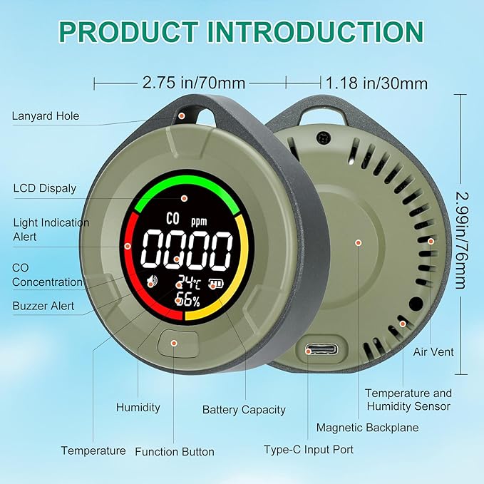 Carbon Monoxide Detectors, Portable CO Detector for Travel, Mini 3-in-1 Carbon Monoxide Monitor with Magnetic Suction, RV CO Alarm Temp/Hum Sensor, Rechargeable CO Monitor 120HR Standby