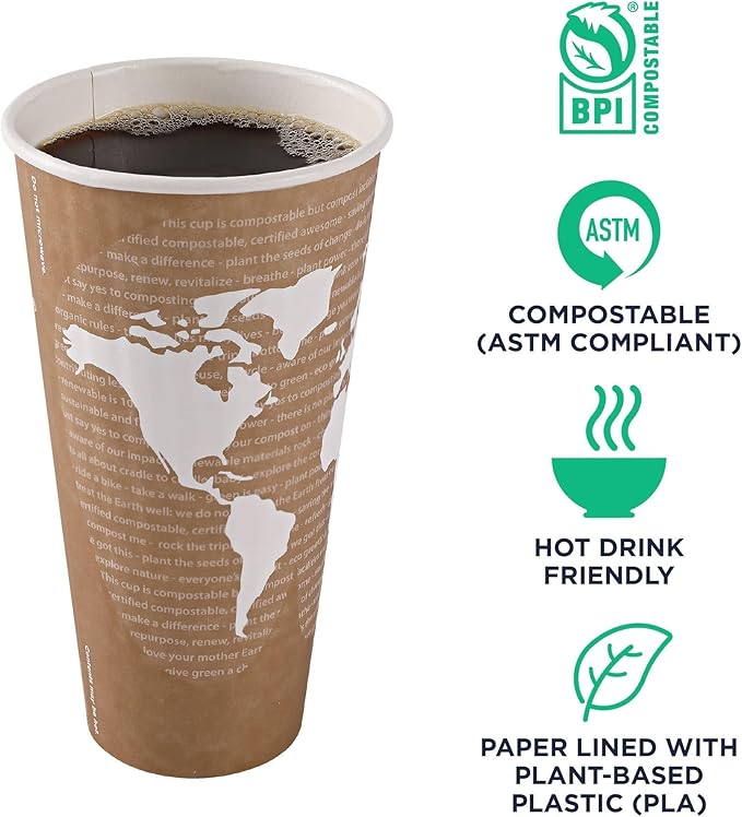 ECO PRODUCTS Compostable Disposable Insulated World Art 20oz Large Coffee Cups, Pack of 40, Renewable Double-wall Hot Paper Cup, Plant Based PLA Lining, No Sleeves Needed, Lid Available, Color Coded