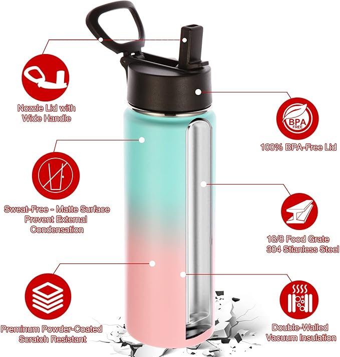 Volhoply Insulated Water Bottles with Straw Bulk 2 Pack, 22 oz Stainless Steel Sport Bottle with Handle Lid,Metal Travel Water Cups with Wide Mouth,Reusable Water Flask for School(Green Pink,2 Set)