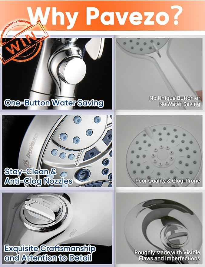 Pavezo® High Pressure Handheld Shower Head with Filter, ON/OFF Switch Pause Button, 10-mode Shower Head with Hard Water Softener Filters, SS Hose, Anti-clog & Powerful Clean Tile & Pet, Premium Chrome