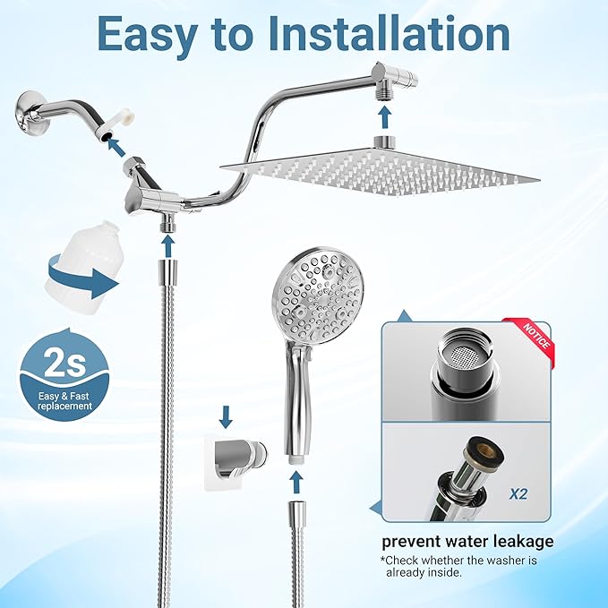 Filtered Shower Head with Handheld, 11.8" Rain Shower Head, High Pressure 10-Function Handheld Shower Head, with 13.6" Adjustable Shower Head Extension Arm, Shower Head Holder Adhesive (Chrome)