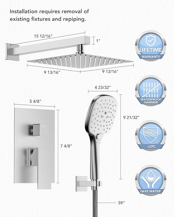 Shower Faucet Set Shower System - Rainfall Shower Head with Handheld Spray Hose 10 Inch Shower Faucet Kit with Valve Wall Mount Bathroom Shower Fixture Filter Accessories Trim, 2.5GPM,Brushed Nickel