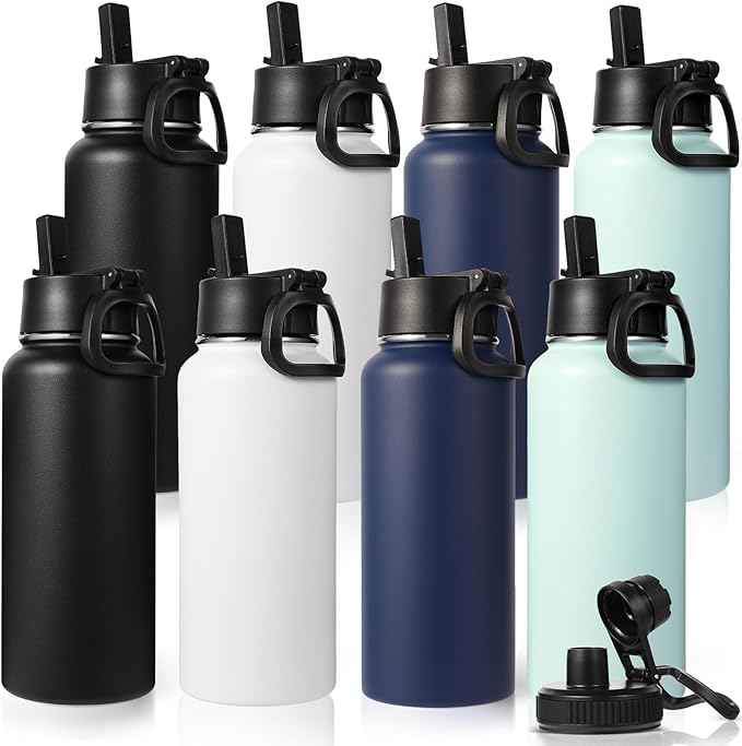 Neihepal 32 oz Insulated Water Bottles Bulk with 2 Lids (Straw & Spout Lid), Stainless Steel Double Wall Water Bottle, Keeps Cold 24H & Hot 12H (Mix,8 Pack)