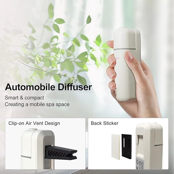 Car Air Freshener Diffuser, Motion Sensor Waterless Essential Oil Diffuser for Car USB Rechargeable Air Freshener with 6 Refill Scent（Hilton/Sandwood/WhiteTea/Diamond/GreenBamboo/Pachuli