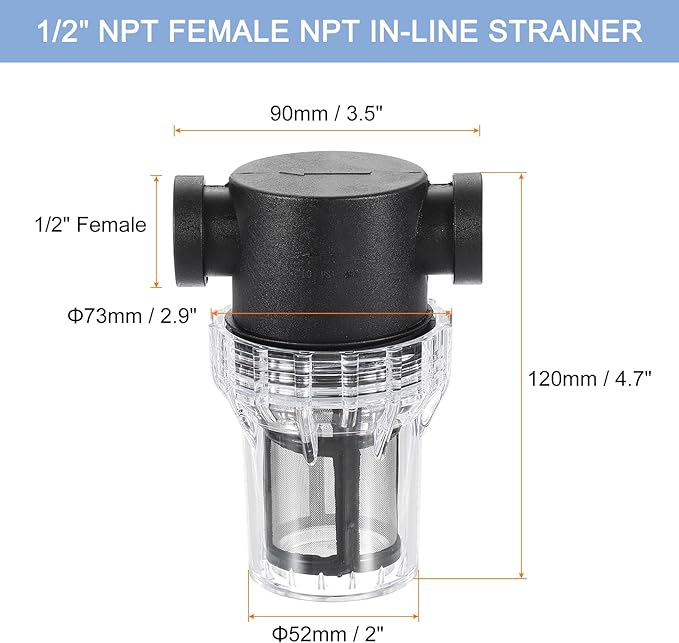 uxcell Pressure Washer Filter 1/2" NPT Female Thread, Inline Mesh Strainer Attachment, Stainless Steel Screen with Sealant Tape for Outdoor Gardening Inlet Water (Size:100 Mesh) - AquaVibe
