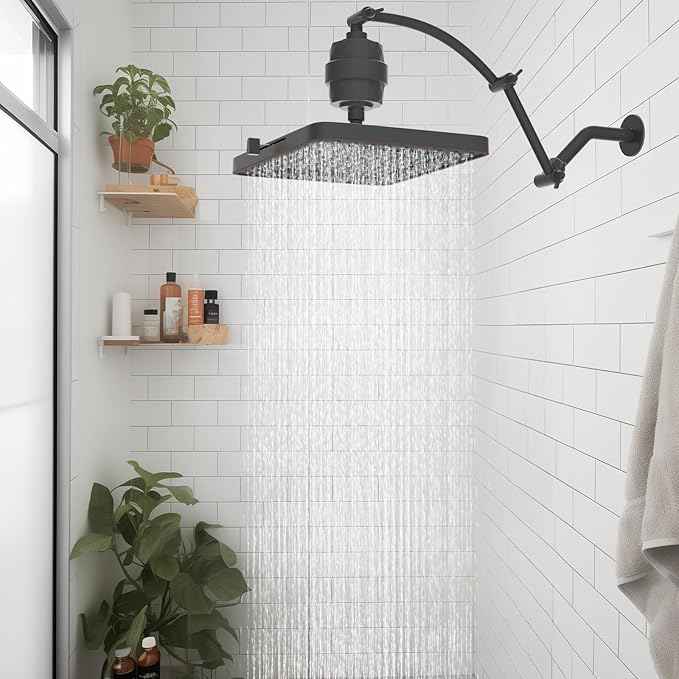 Hibbent Rain Filtered Shower Head, 13'' High Pressure Rainfall 5 Modes Showerhead with 16" Shower Head Extension Arm, Brass Adjustable Shower Arm Extender, 20 Stage Shower Filter, Oil Rubbed Bronze