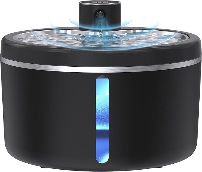 Cat Water Fountain Cordless, 108oz/3L Pet Fountains for Cats Indoor with Stainless Steel Tray, Battery Operated Cat Drinking Fountain with Motion Sensor, Ultra Quiet Pump (Cat Fountain+8Filters)
