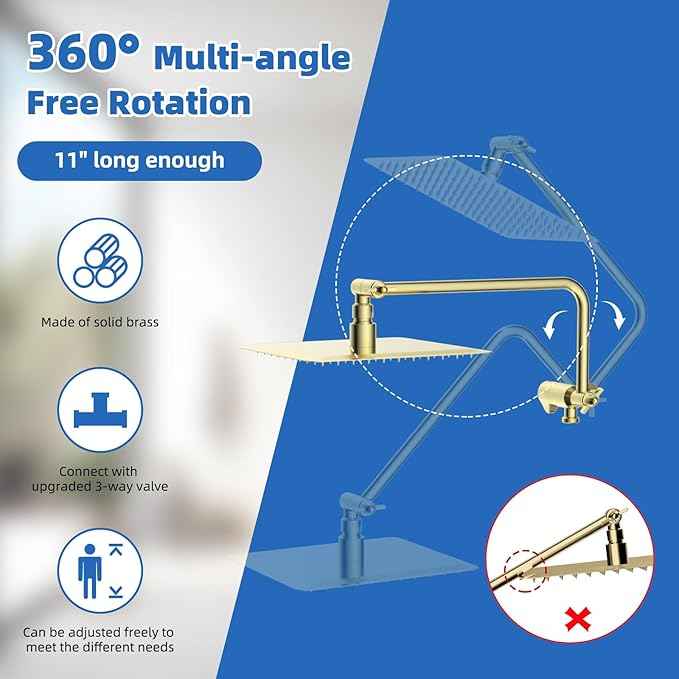 All Metal Shower Head, 10" High Pressure Rainfall/Handheld Shower Combo with 11" Extension Arm, 10-Spray Handheld Showerhead, 71" Long Hose, 3-Way Diverter Valve, Shiny Gold