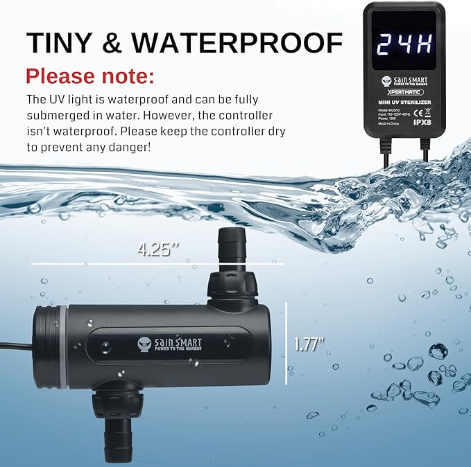 SainSmart XpertMatic Aquarium 10W Clean Light, Mini Submersible Aquarium Light with Timer, Waterproof Cleaning Lamp Greening for 40-80 Gallon Fish Tank and Aquariums