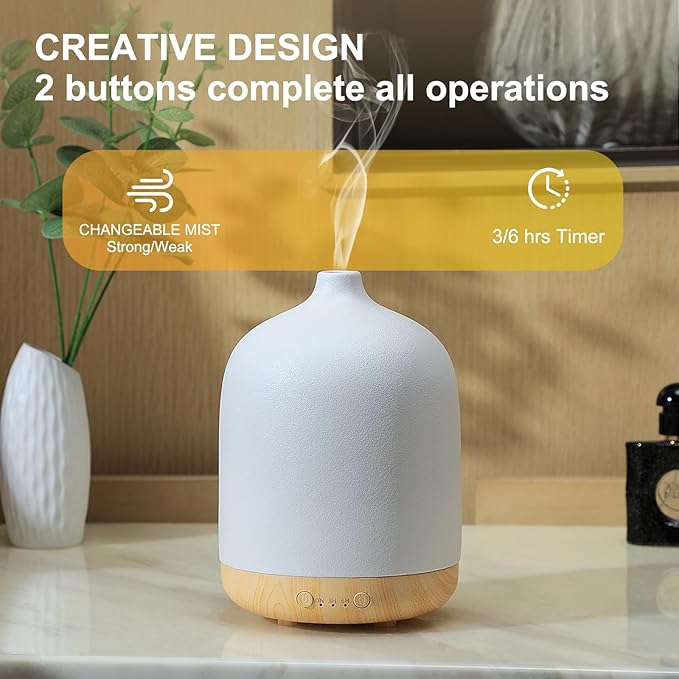 Ceramic Essential Oil Diffusers for Home, Decorative Bedroom Aromatherapy Scent Air Diffuser Ultrasonic Aroma Defusers 250ml with Timed-Black