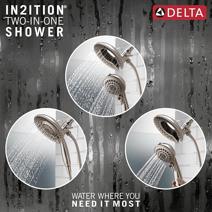 Delta 5-Setting In2ition 2-in-1 Dual Shower Head with HandHeld Spray, Brushed Nickel Detachable Shower Head with Hose, Showerhead, 2.5 GPM Flow Rate, Lumicoat Stainless 58569-PR25-PK