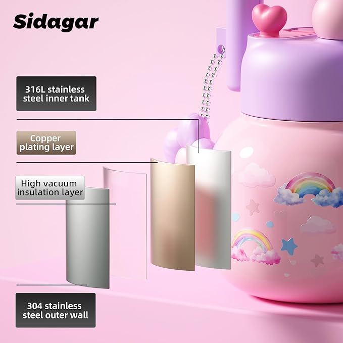 22 oz Tumbler with Straw and Carry Handle, Wide Mouth Insulated Stainless Steel Travel Water Bottle, Leakproof Flask for Nursery, Kawaii Aesthetic Purple Water Jug with 3D Charm