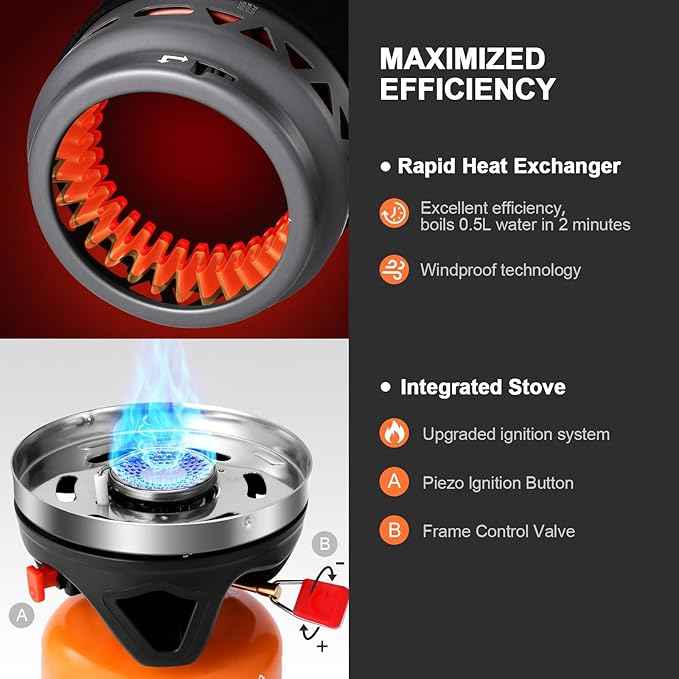 Odoland Heat Exchange Camping Pot with Backpacking Stove 7-In-1 Camping Cookware Mess Kit for Hiking, Trekking, Fishing and Picnic