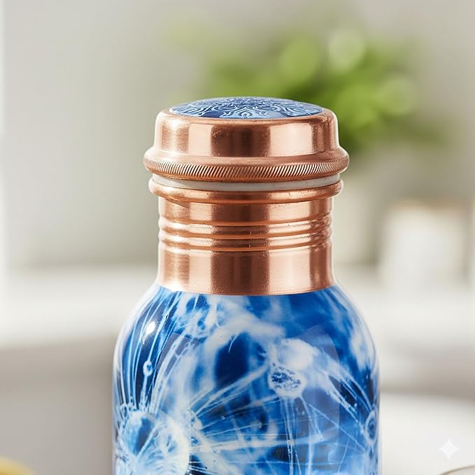 Pure Printed Copper Water Bottle 32 oz - Leak Proof Ayurvedic Drinkware Copper Vessel for Sports, Gym, Outdoors, Yoga, Health Benefits