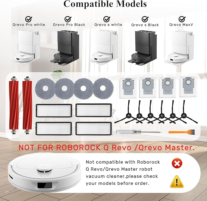 Accessories Kit for Roborock Qrevo S/Qrevo Plus/Qrevo Pro/Qrevo MaxV 【Not for Q Revo】Robot Vacuum, 2 Main Brush Roller, 4 Hepa Filters,4 Mop Pads, 4 Dust Bags, 6 Side Brush, 22 Pack Replacement Parts - AquaVibe