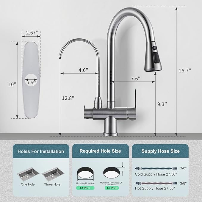 Kitchen Faucet with Water Filter Faucet, Brushed Nickel Stainless Steel Drinking Water Faucet, High Arc 2 Handle Kitchen Sink Faucet with Pull Down Sprayer for Kitchen Sink Farmhouse Bar