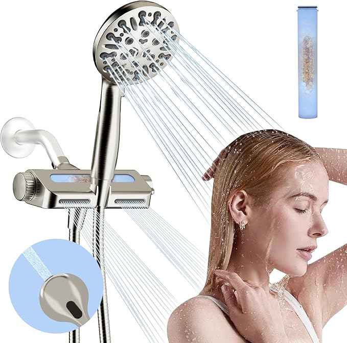 Filtered Shower Head with Handheld Combo, Hard Water Filter Shower Head with 9 Shower Modes, Dual Shower Heads High Pressure, Shower Filters to Remove Chlorine and Fluoride (Brushed Nickel)