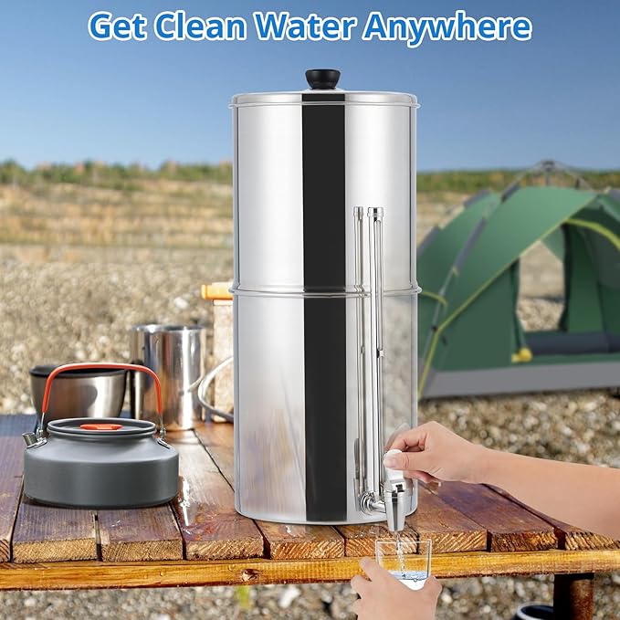 Garvee 2.25G Gravity-fed Water Filter System, Stainless Steel Countertop Filter System with 2 Filters and Stand, Reduce 99% Chlorine, for Home, Camping, RV, Fishing