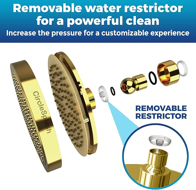 High Pressure Shower Head - Anti-Clogging Silicone Nozzles - 2.5 GPM Removable Restrictor - Easy to Clean Adjustable Replacement - easy to install with Plumbers Tape - 6 inch - Elegant Gold Finish - AquaVibe