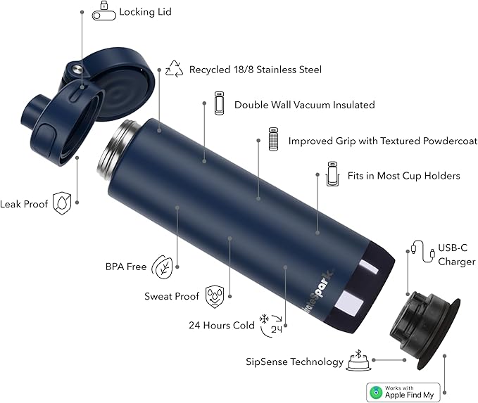 HidrateSpark PRO 2 21 oz Straw – Smart Hydration Bottle with Clinically Accurate Water Tracking & Extended Battery Life – Syncs with Apple Health, Fitbit, Smart Rings & Watches - Navy