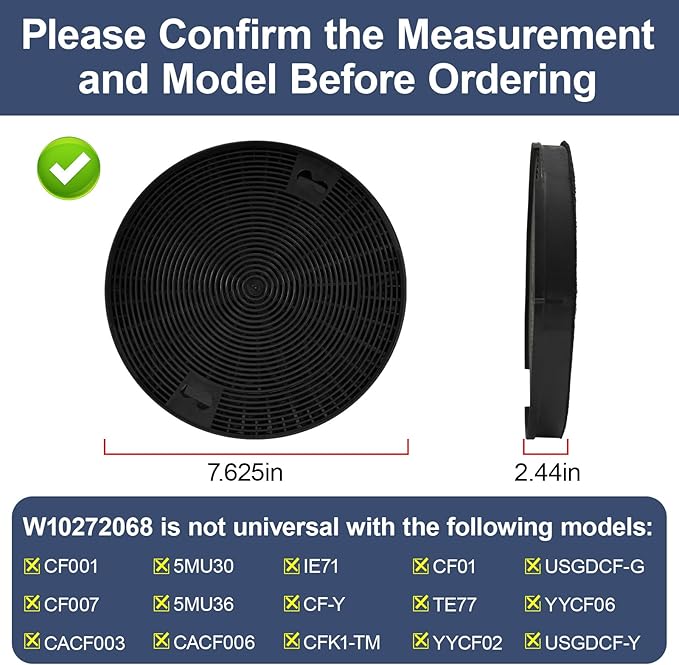 W10272068 Range Hood Charcoal Filter (2 Pack) 7.625 in Compatible with Whirlpool Kitchenaid Samsung Stove Hood, Kitchen Hood Filters Replace 1550120 81550120 AH2367296 EA2367296 PS2367296