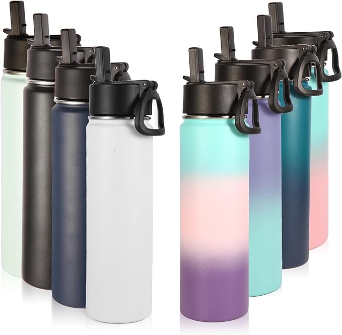 Volhoply Insulated Water Bottles with Straw Bulk 8 Pack,22 oz Stainless Steel Sports Bottle with Handle,Double Walled Vacuum Water Cups with Wide Mouth,Reusable Cold Water Flask(Eight Color,8 Set)