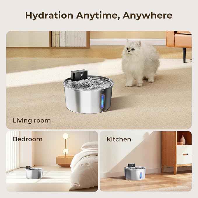 Wireless Stainless Steel Pet Water Fountain, 3.2L/108oz Automatic Cordless Water Dispenser with 3 Smart Modes, Ultra Quiet Pump, Rechargeable Battery, Multi-Filtration for Cats & Dogs