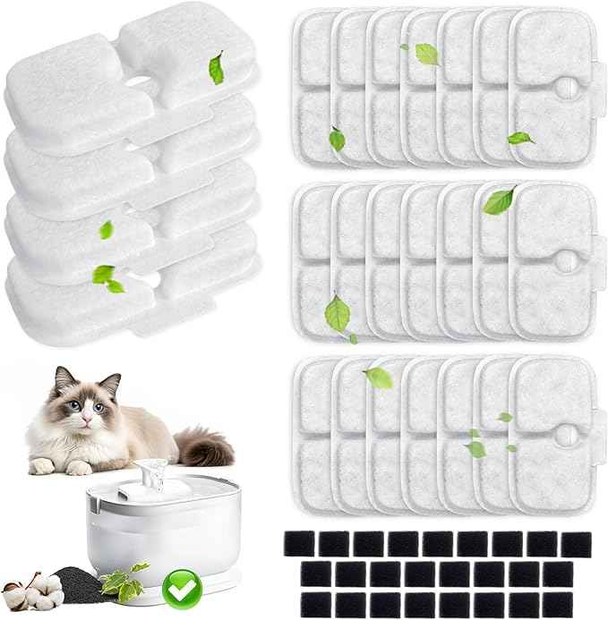 50 Packs for Petlibro Cat Water Fountain Filters Replacement, Compatible with Cat Water Fountain PLWF005 PLWF105 PLWF115 (25 Replacement Water Filters + 25 Pre-Filter Sponges)