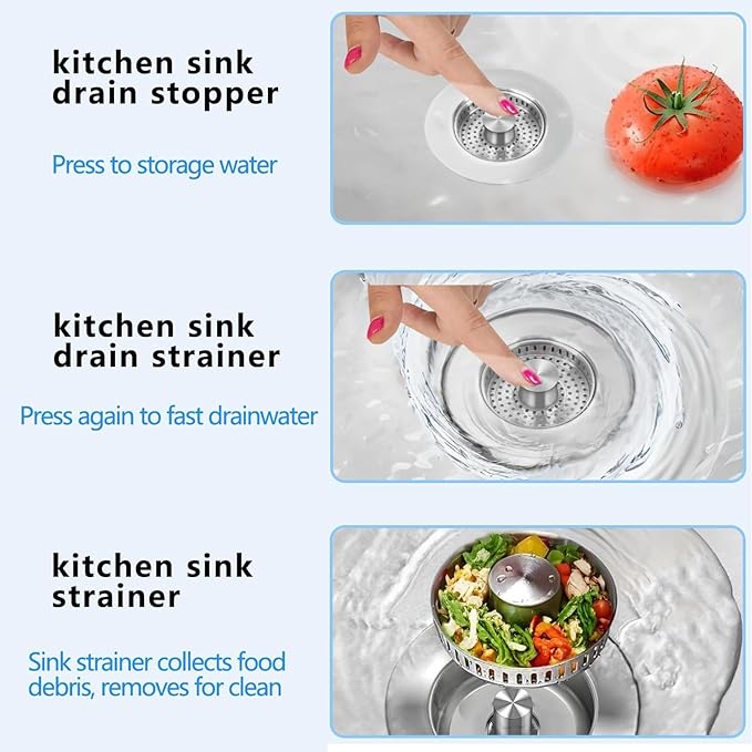 2025 Upgraded 3-in-1 Kitchen Sink Drain Strainer Stopper |Rust-Proof Strainer Basket |Universal Fit for Standard 3.5" Drains |Anti-Clog&Odor Filter |Efficient Drainage (Stainless Steel, 4 PCS)