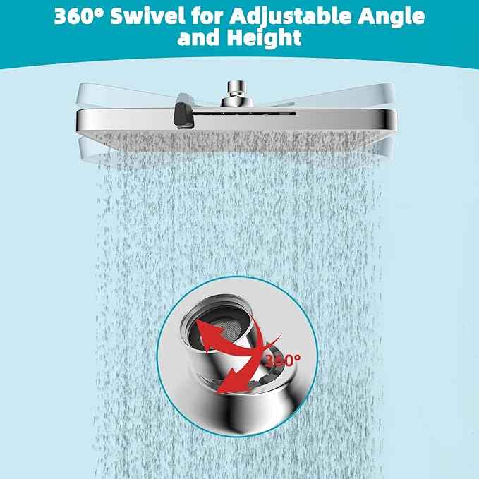 Hibbent 5 Spray Modes Shower Head, 13'' High Pressure Rain Shower Head, Large Rainfall Showerhead for Bathroom, High Flow Waterfall Fixed Showerheads with Adjustable Swivel Ball Joint, Silver