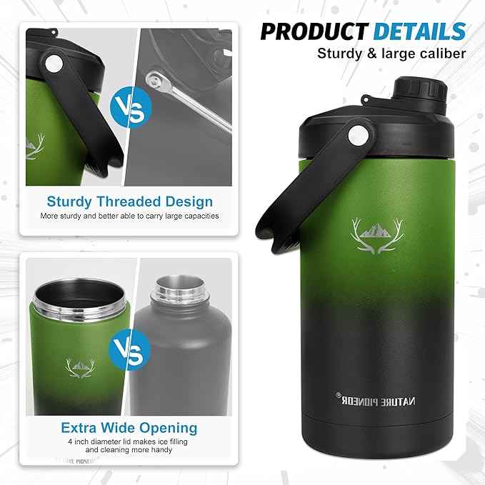 NATURE PIONEOR 64 oz Insulated Water Bottle - Double Vacuum Stainless Steel Half Gallon Water Jug with Holder/Carrier, Wide Mouth, Outdoor Sports, Hiking, Camping, Gym