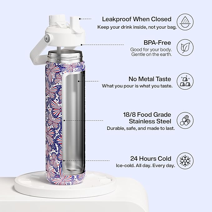 ENCOOL Insulated Water Bottle with Straw Stainless Steel Water Bottle, Leak-Proof, BPA-Free, Double Wall Vacuum Keeps Cold for 24 Hours for Sports, Travel, School (26 oz, Firework Butterfly)