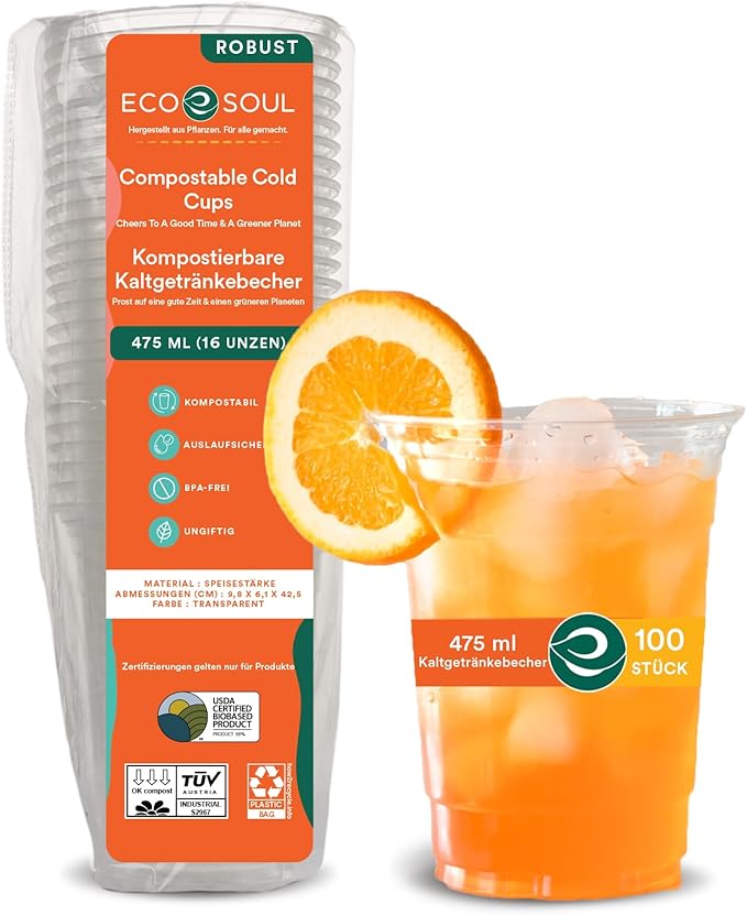 ECO SOUL 100 Pack Compostable Party Cups 16 oz Plant-Based Disposable Clear Cold Cup for Wine, Coffee, Smoothie & Soda Drinks | Cocktail Parties & Birthdays | Non-Toxic & BPA-Free Zero Plastic Glass