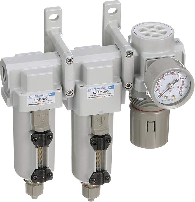 PneumaticPlus SAU330-N03G-MEP Three Stage Compressed Air Drying System - Particulate Air Filter, Coalescing Filter, Air Pressure Regulator Combo 3/8" NPT - Metal Bowl, Manual Drain, Gauge - AquaVibe